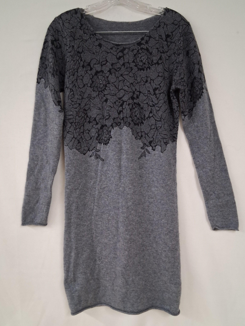 100% Cashmere Gray Dress With Lace Print Detail NWOT Sz Small